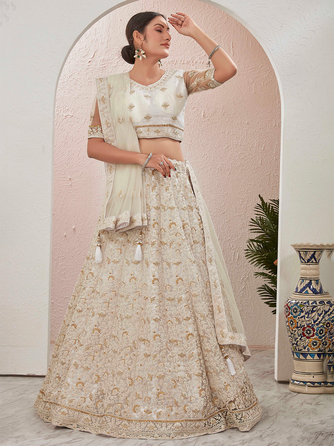 

Chandbaali Embroidered Semi-Stitched Lehenga & Unstitched Blouse With Dupatta, Off white