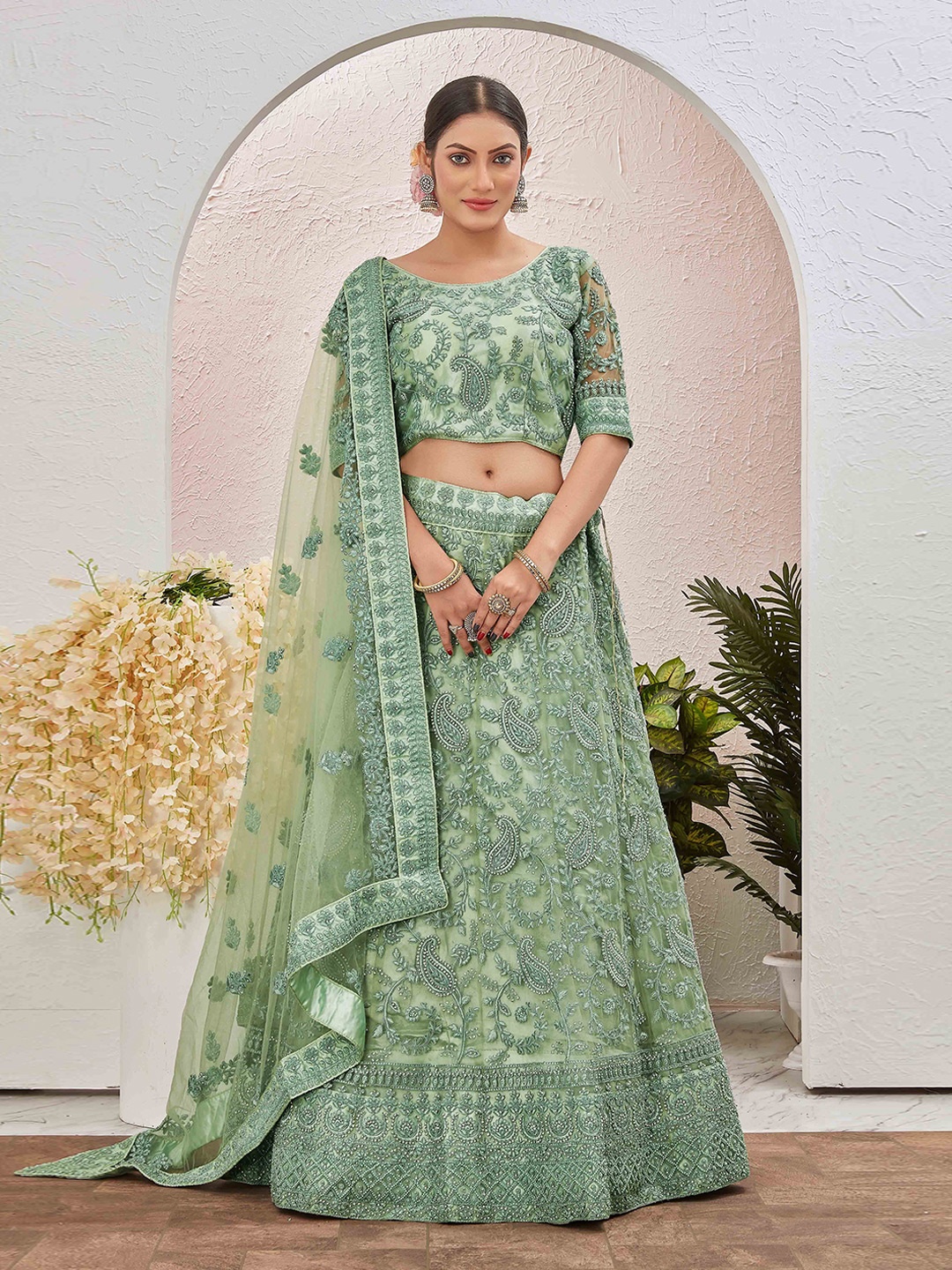 

Chandbaali Embroidered Net Semi-Stitched Lehenga & Unstitched Blouse With Dupatta, Sea green