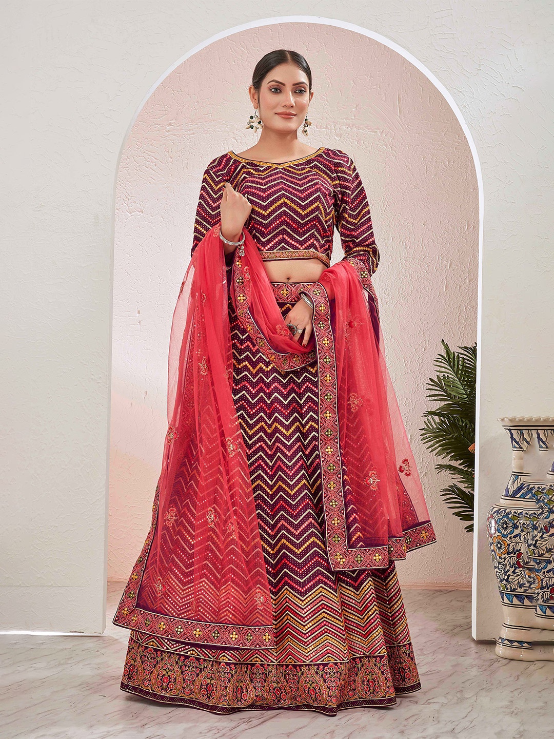 

Chandbaali Embroidered Semi-Stitched Lehenga & Unstitched Blouse With Dupatta, Burgundy