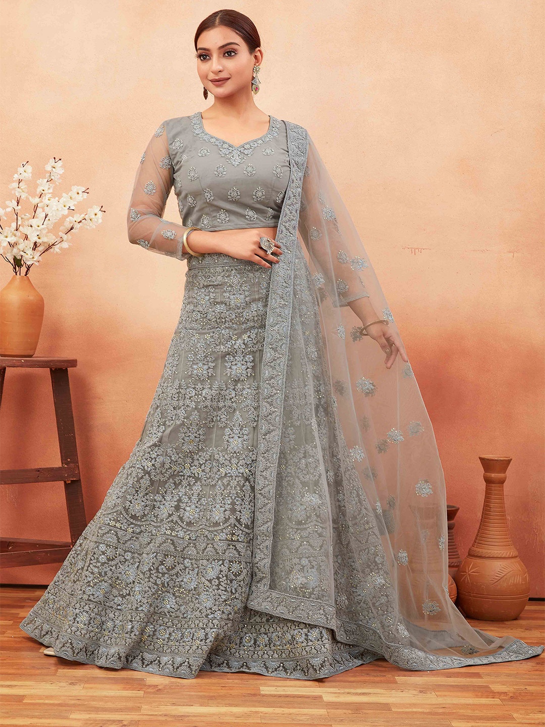 

Chandbaali Embroidered Semi-Stitched Lehenga & Unstitched Blouse With Dupatta, Grey