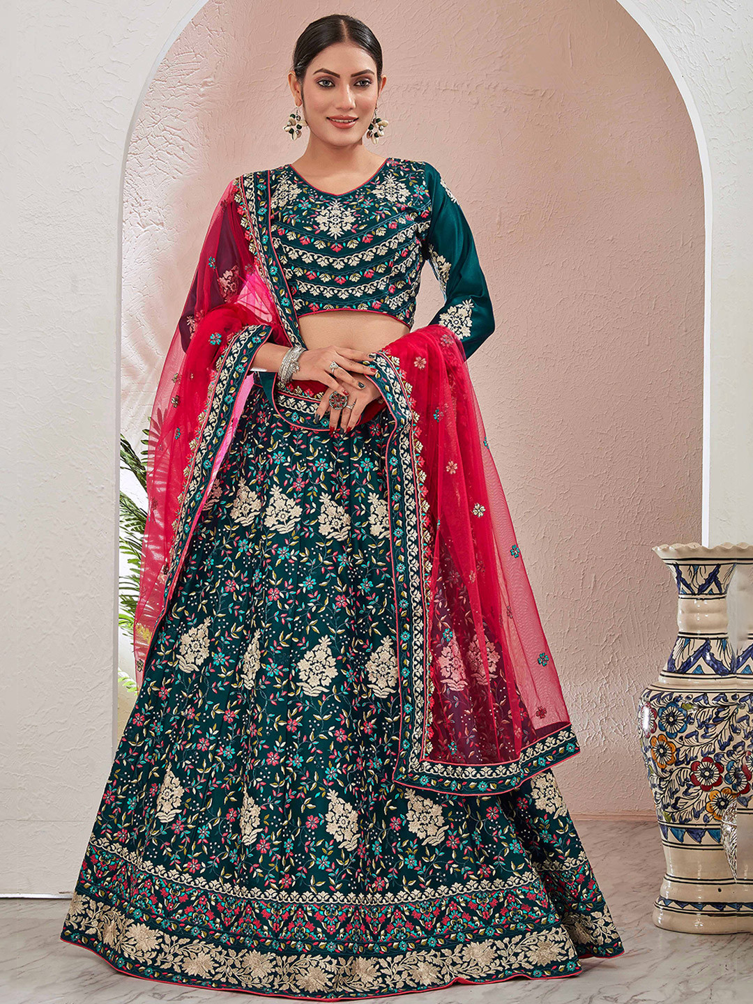 

Chandbaali Embroidered Semi-Stitched Lehenga & Unstitched Blouse With Dupatta, Green