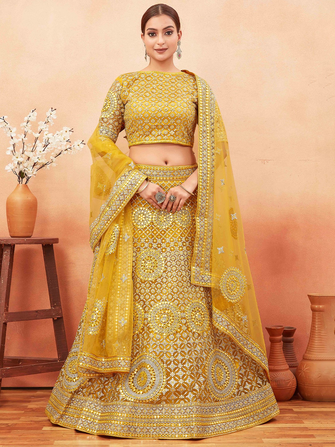 

Chandbaali Embroidered Semi-Stitched Lehenga & Unstitched Blouse With Dupatta, Yellow