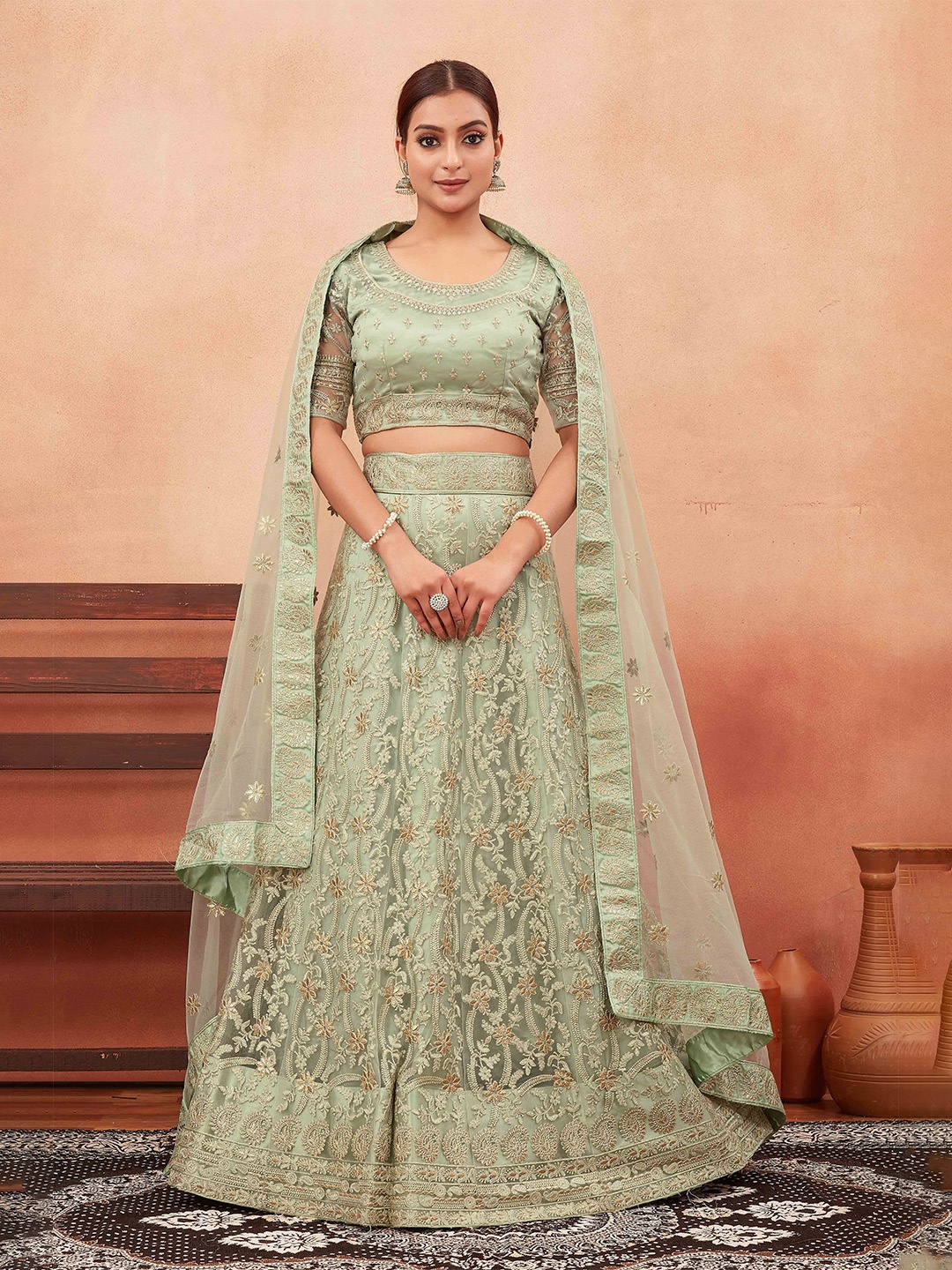 

Chandbaali Embroidered Semi-Stitched Lehenga & Unstitched Blouse With Dupatta, Green
