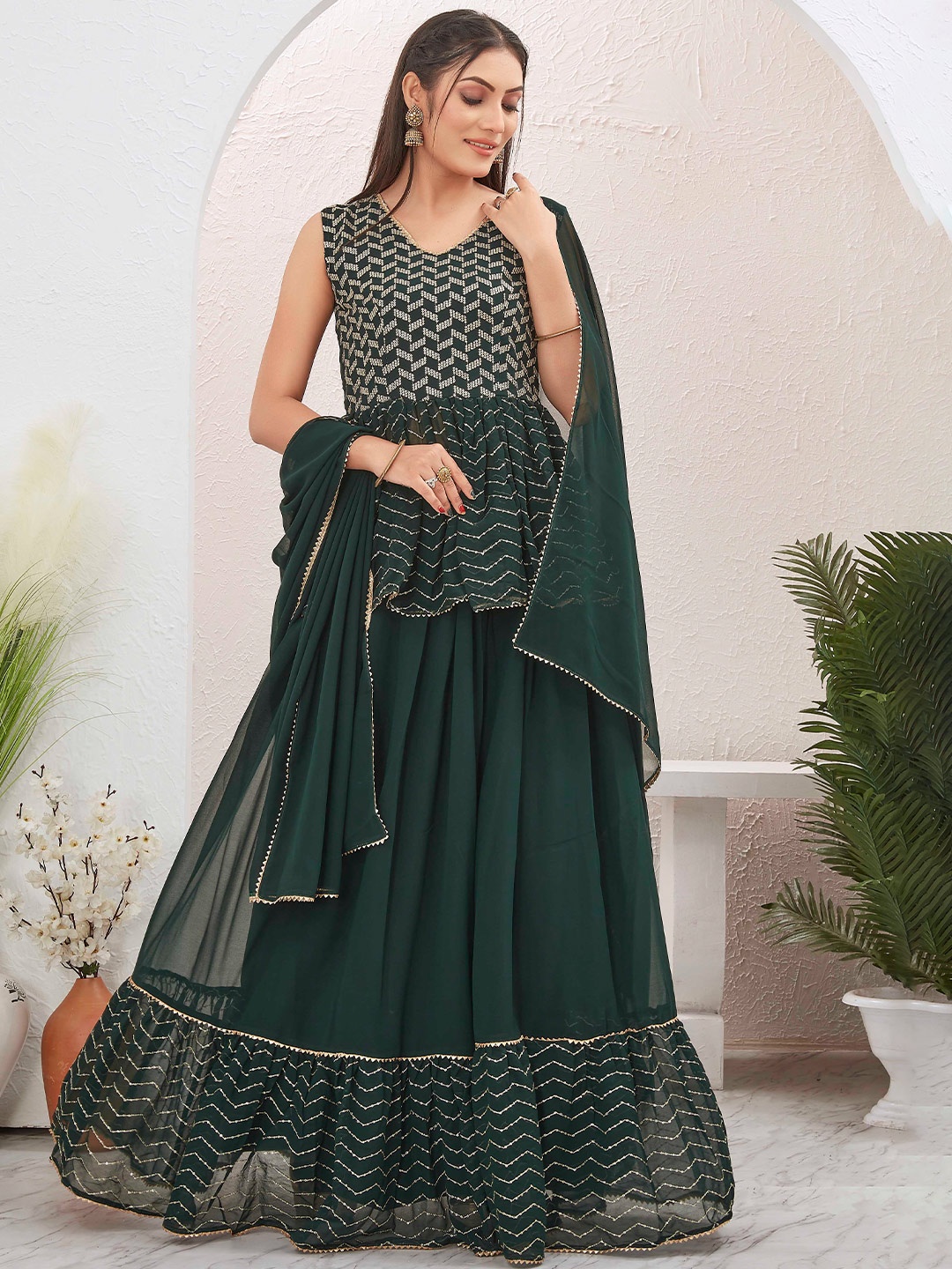 

Chandbaali Embroidered Sequinned Ready to Wear Lehenga & Blouse With Dupatta, Green