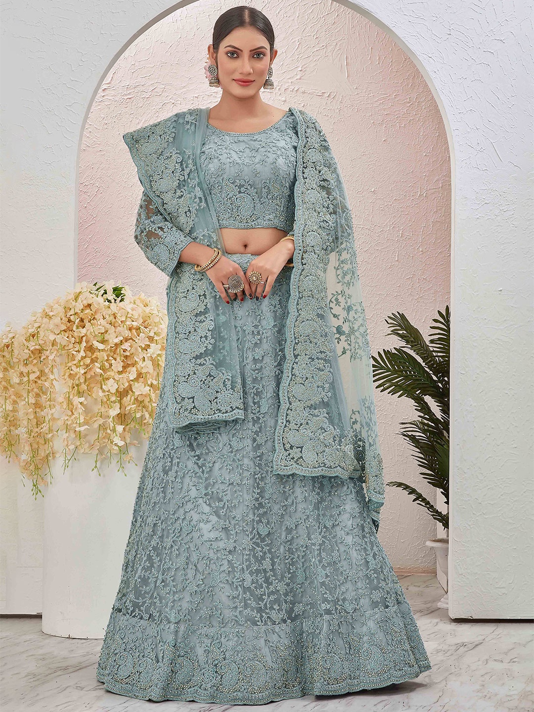 

Chandbaali Embroidered Semi-Stitched Lehenga & Unstitched Blouse With Dupatta, Grey