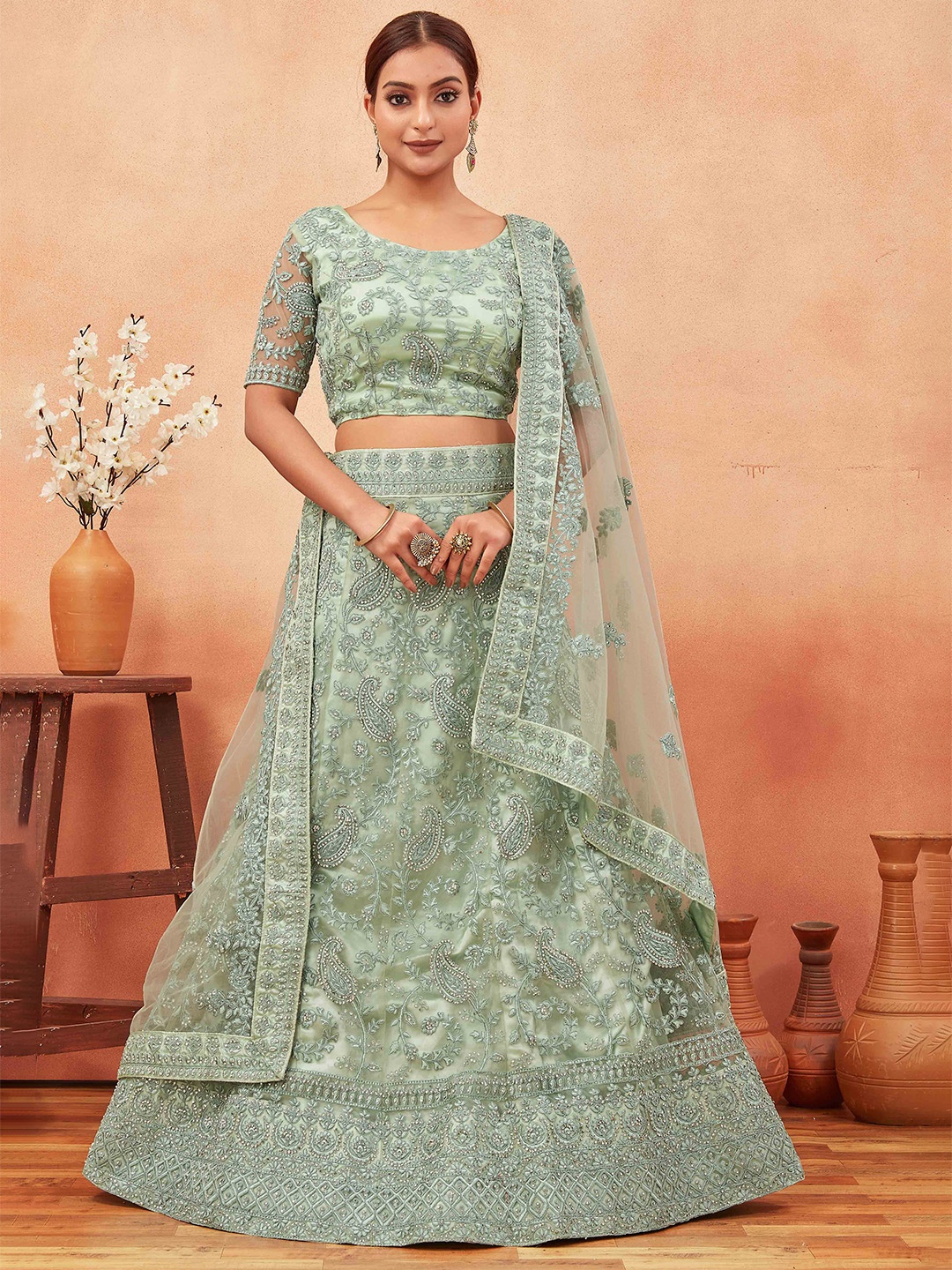 

Chandbaali Embroidered Semi-Stitched Lehenga & Unstitched Blouse With Dupatta, Green