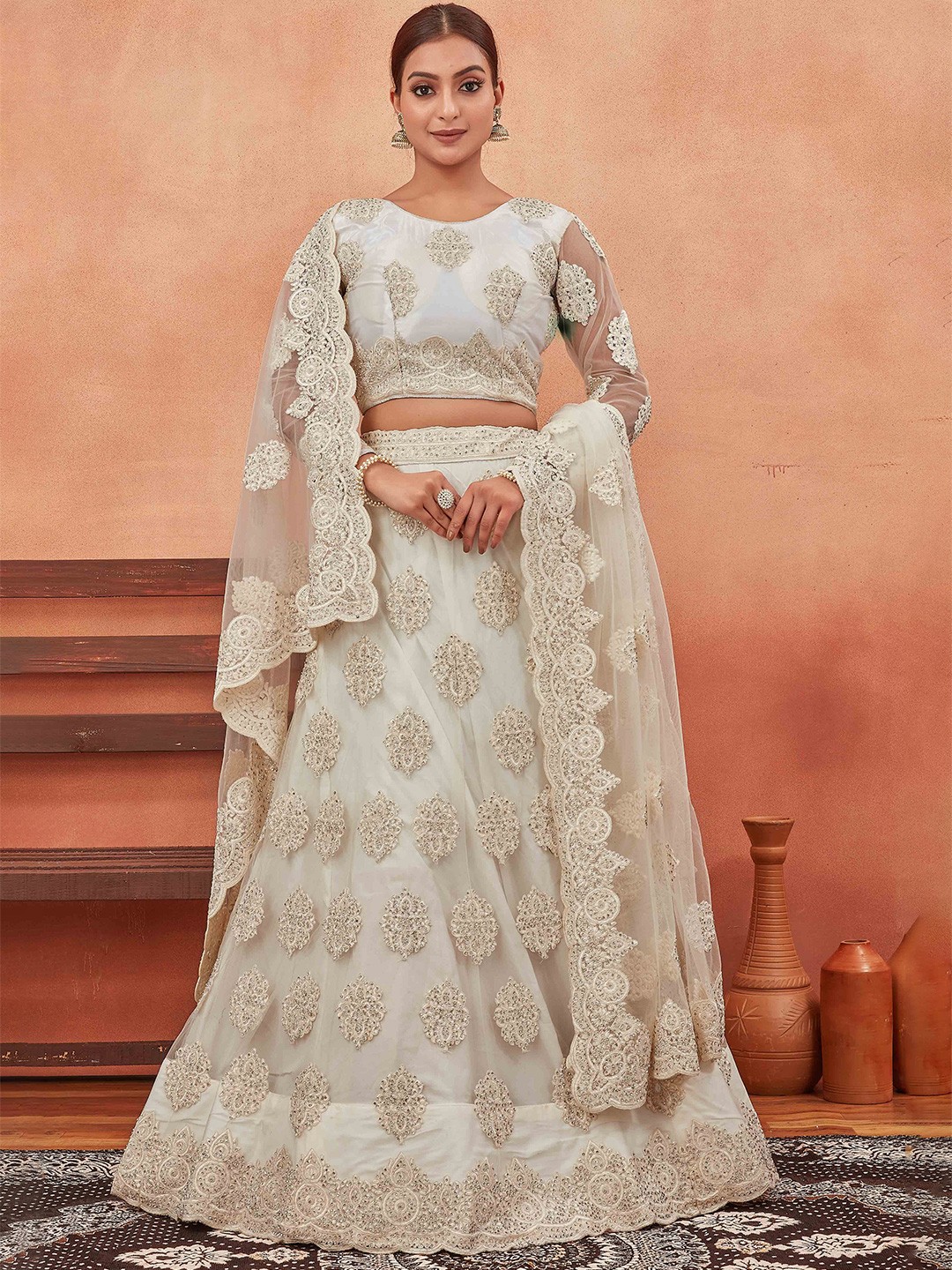 

Chandbaali Embroidered Semi-Stitched Lehenga & Unstitched Blouse With Dupatta, Off white