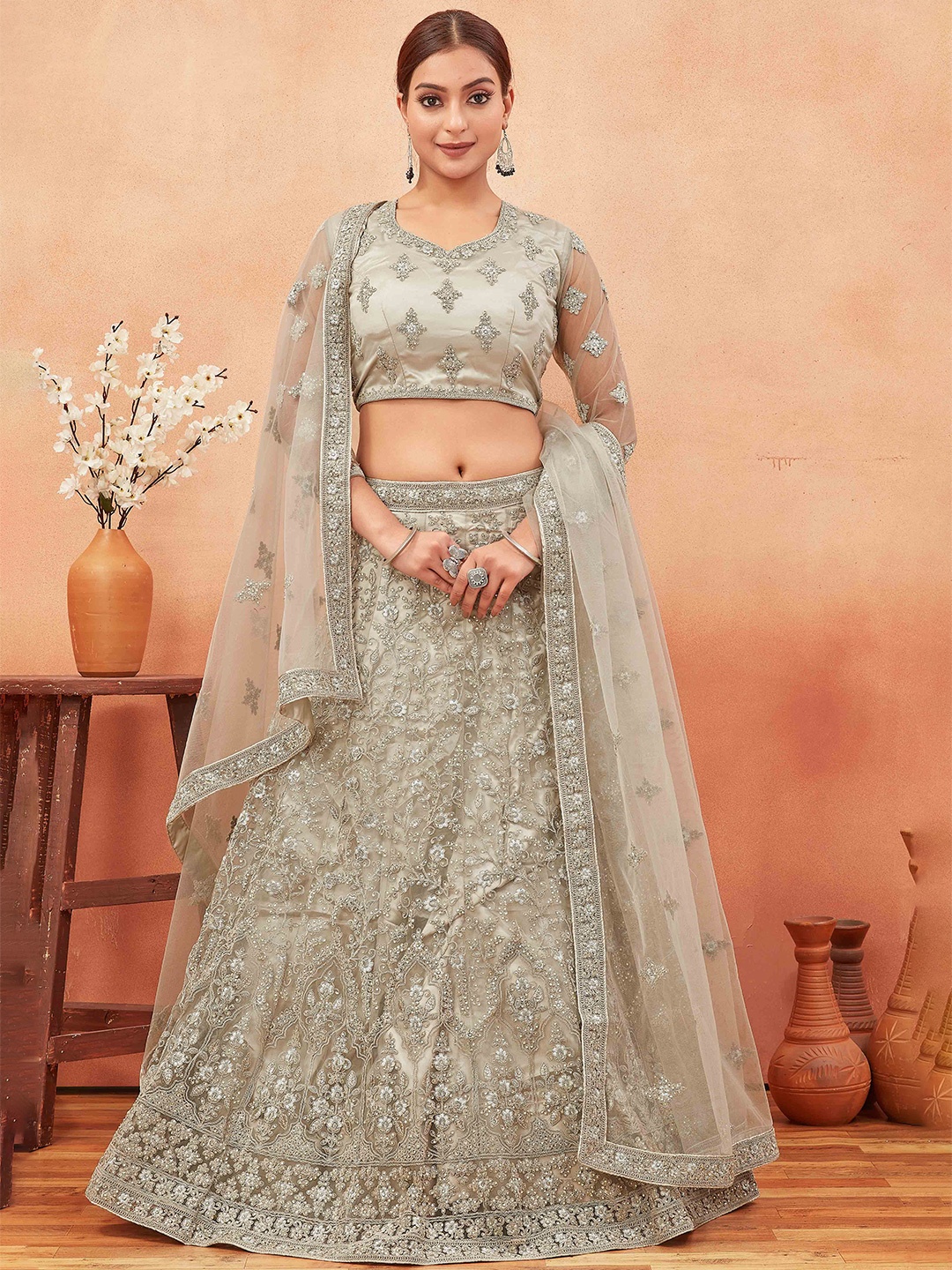 

Chandbaali Embroidered Semi-Stitched Lehenga & Unstitched Blouse With Dupatta, Grey