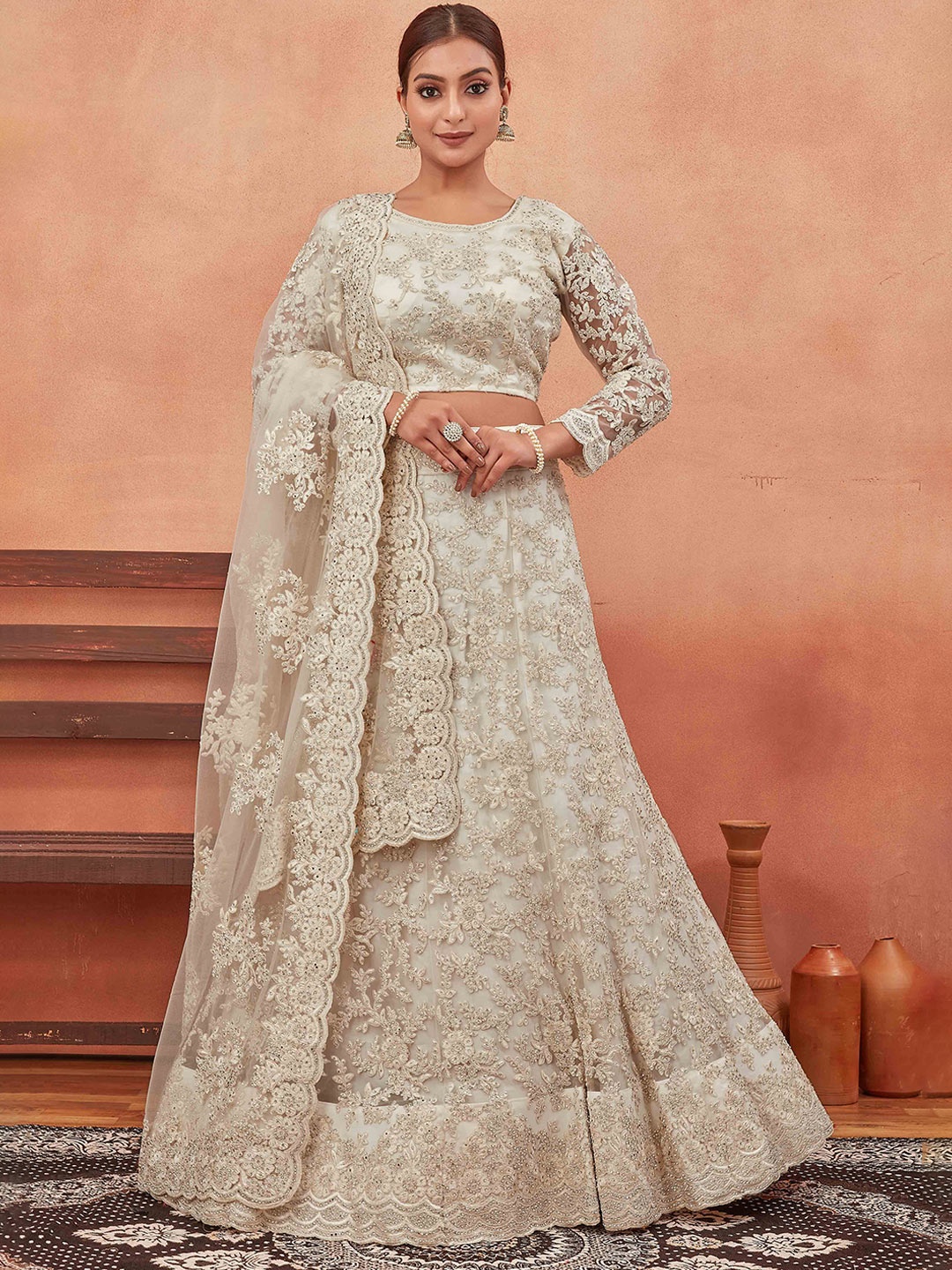 

Chandbaali Embroidered Semi-Stitched Lehenga & Unstitched Blouse With Dupatta, Off white