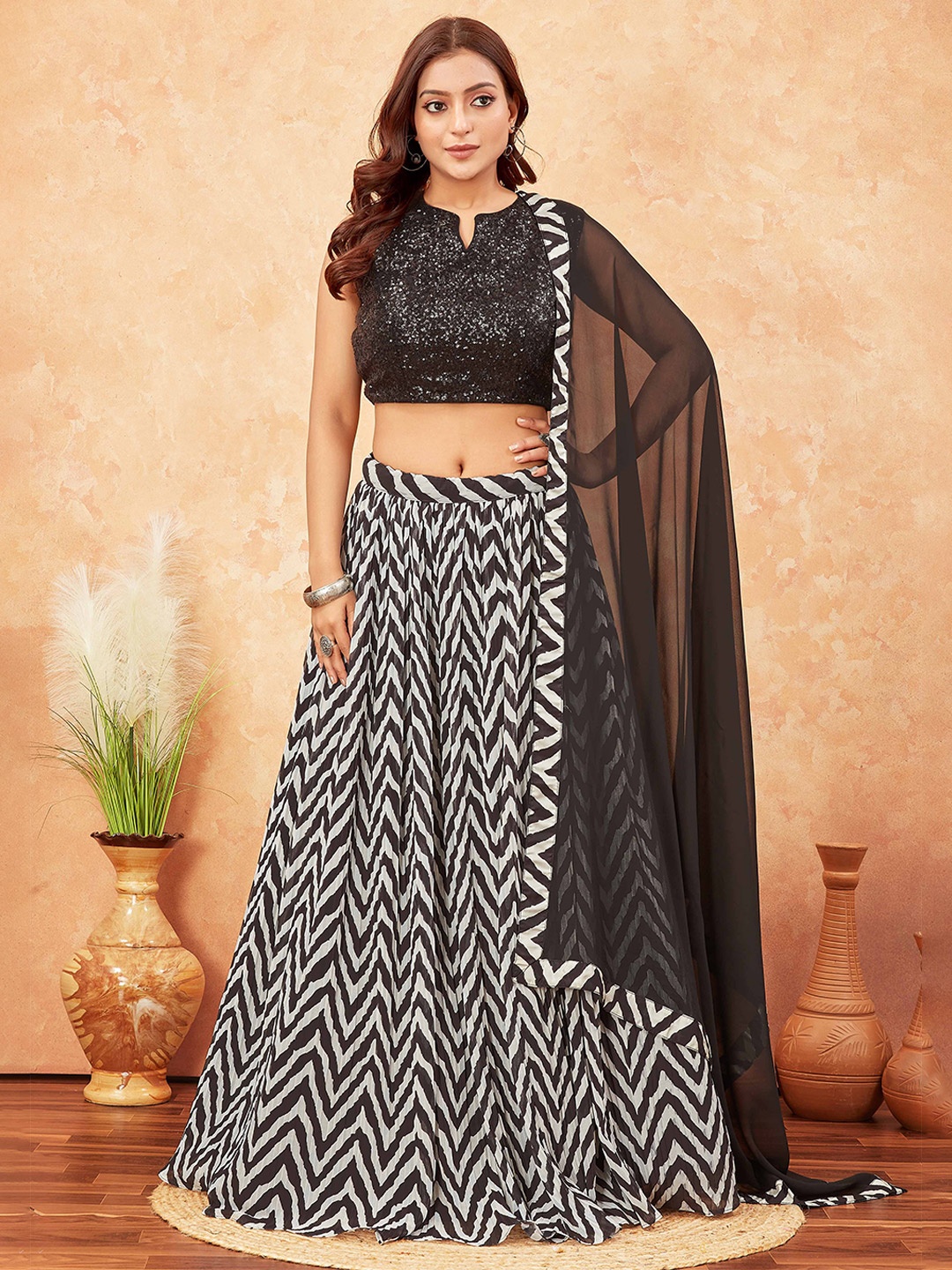 

Chandbaali Embroidered Sequinned Ready to Wear Lehenga & Blouse With Dupatta, Black