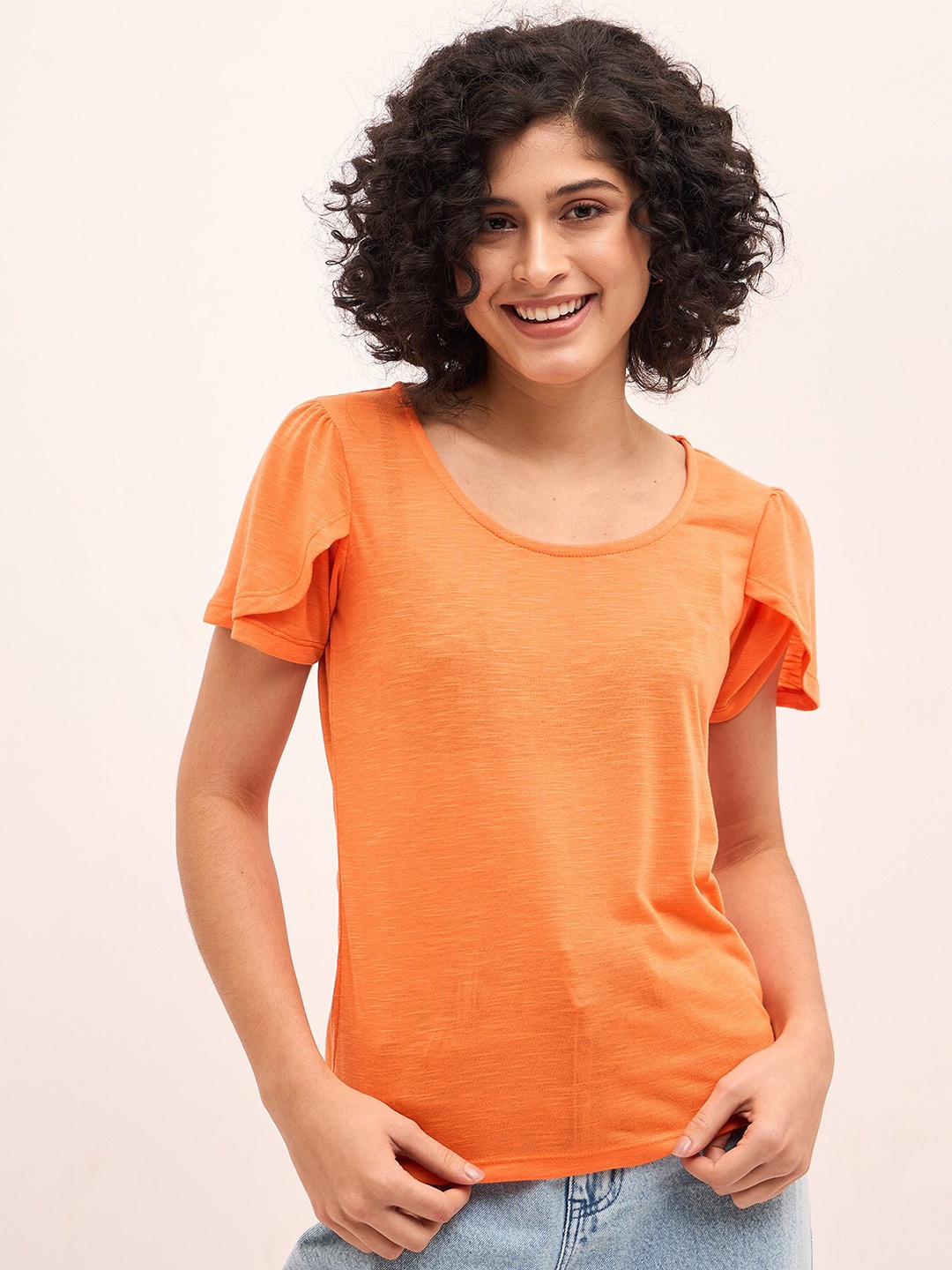 

SALT ATTIRE Short Sleeves Round Neck Cotton Top, Orange
