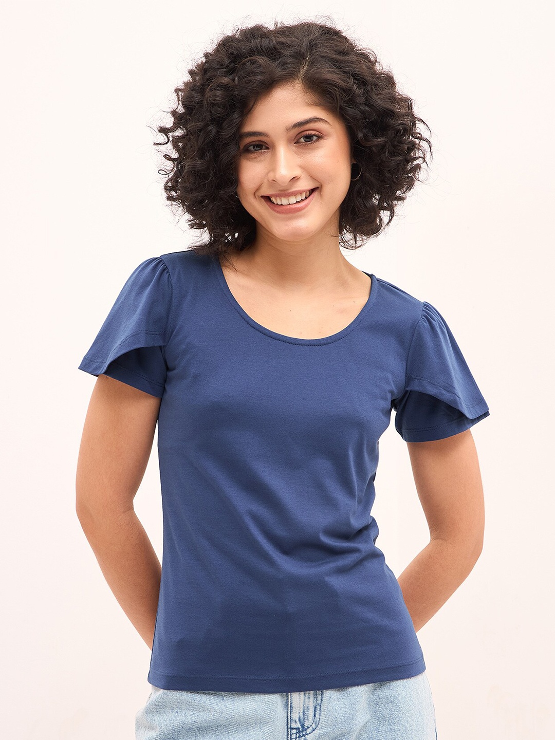 

SALT ATTIRE Flutter Sleeve Round Neck Cotton Top, Blue