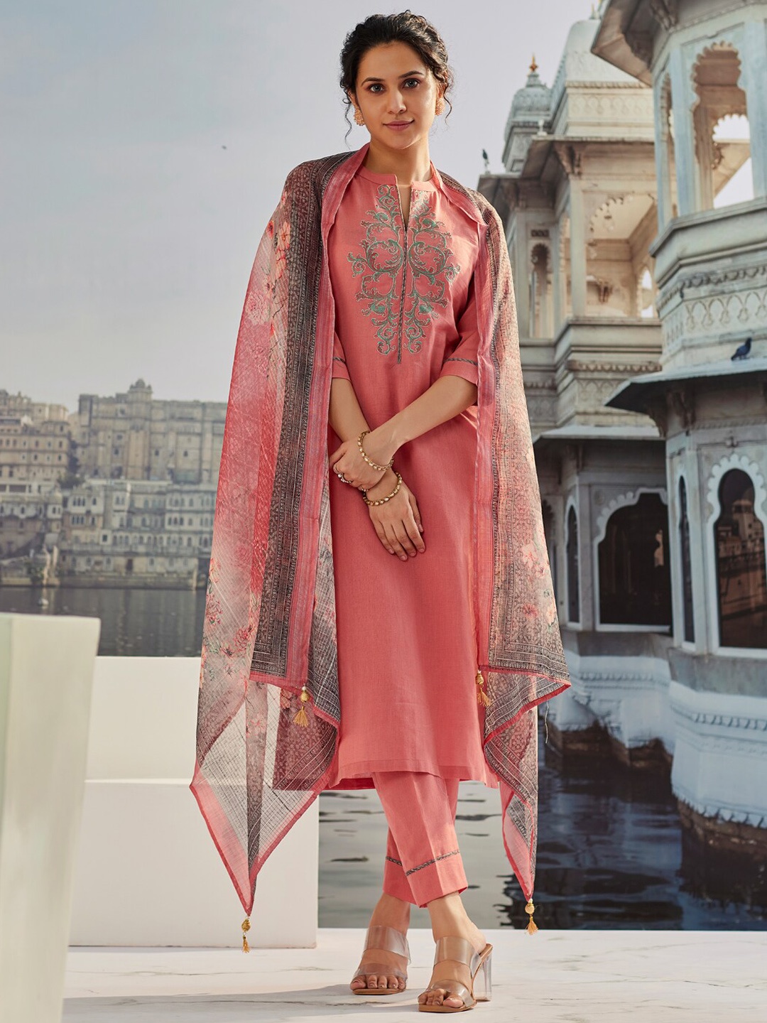 

WOMEN PLUS Ethnic Motifs Embroidered Cotton Straight Kurta with Trousers & Dupatta, Peach