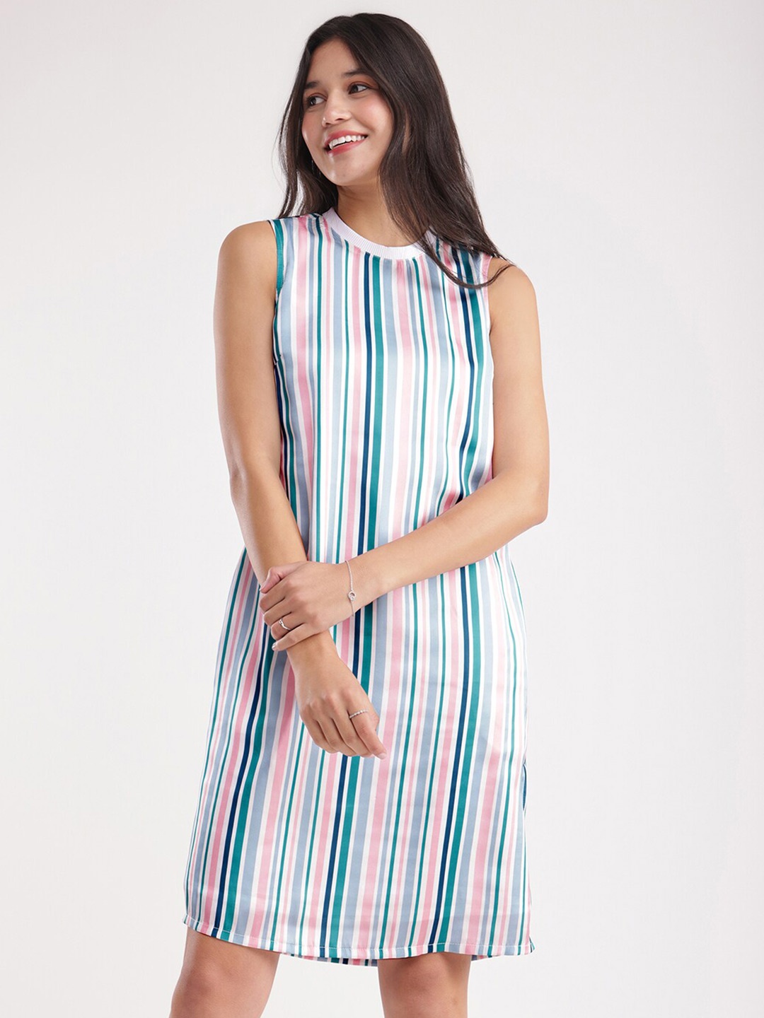 

FableStreet Striped Satin Round Neck Sleeveless Opaque A-Line Casual Dress, White