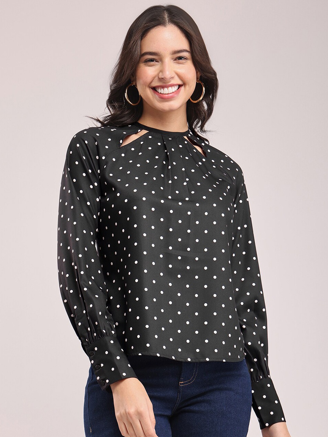 

FableStreet Polka Dot Printed Cuffed Sleeves Top, Black