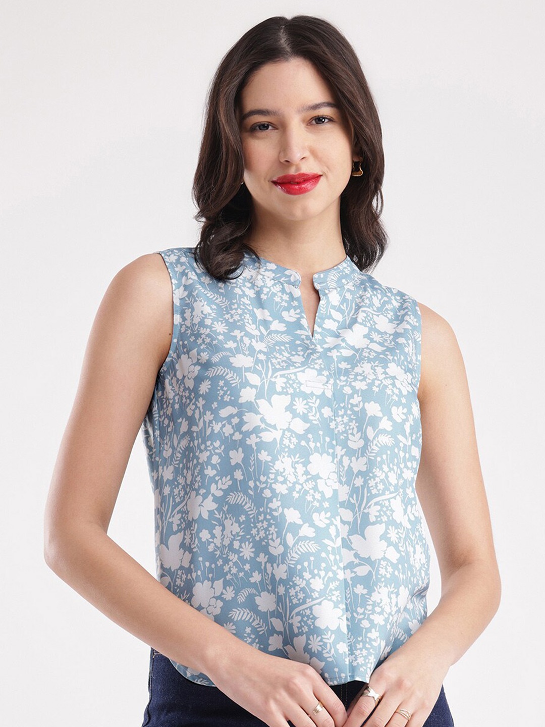 

FableStreet Floral Printed Mandarin Collar Top, Blue