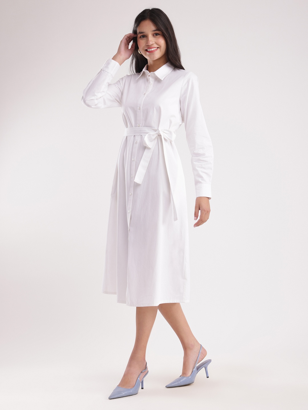 

FableStreet Cuffed Sleeves Belted Shirt Midi Dress, White