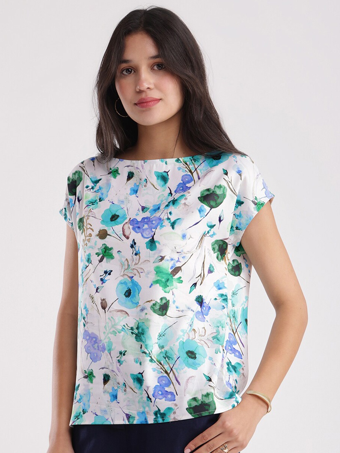 

FableStreet Floral Printed Boat Neck Top, Blue