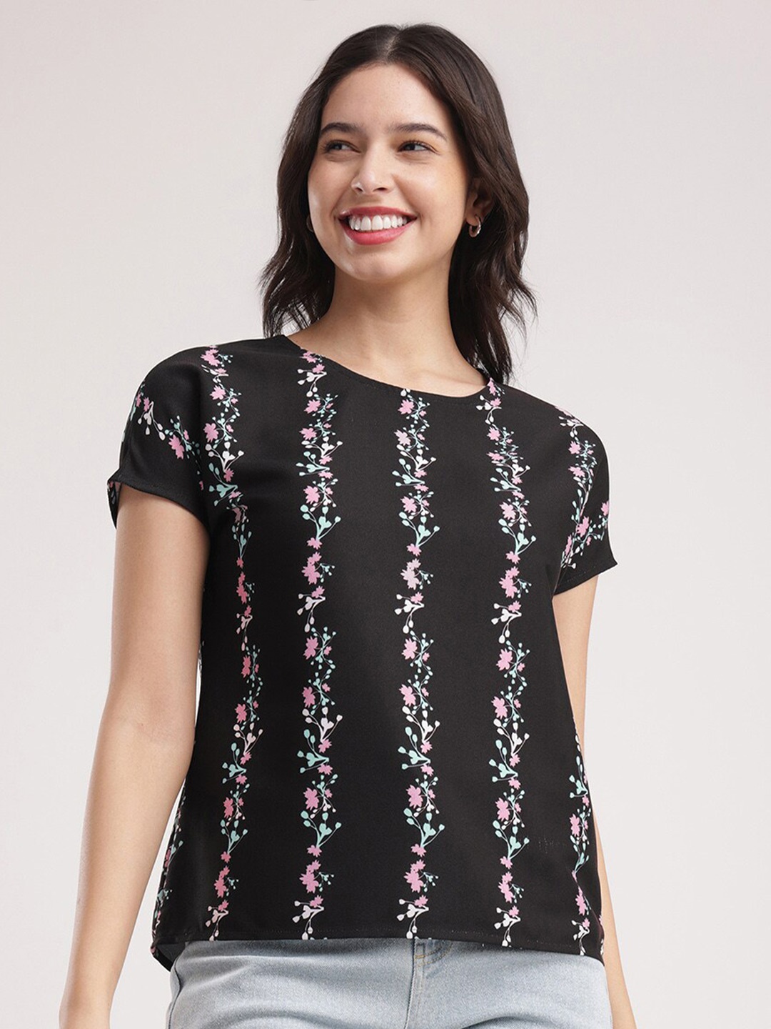 

FableStreet Round Neck Floral Print Regular Top, Black