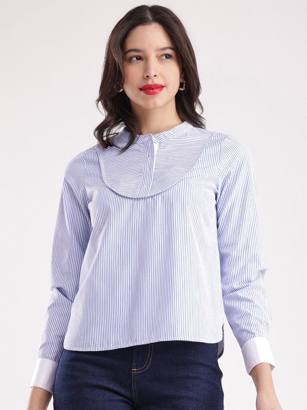 

FableStreet Striped Mandarin Collar Top, Blue