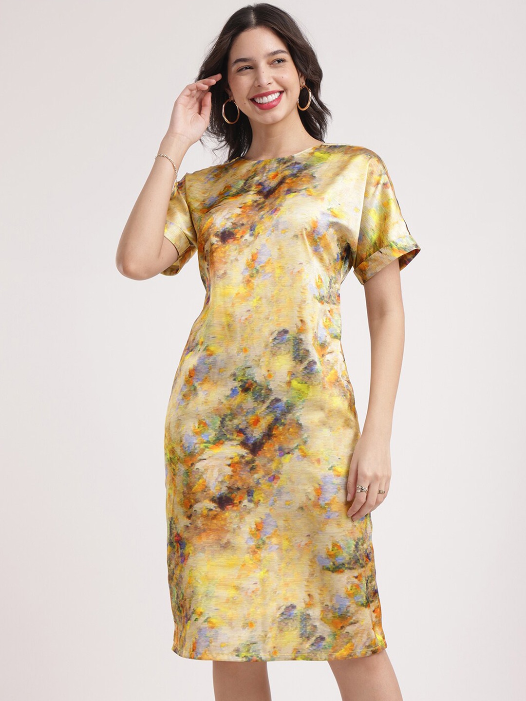 

FableStreet Abstract Printed Satin Sheath Dress, Beige