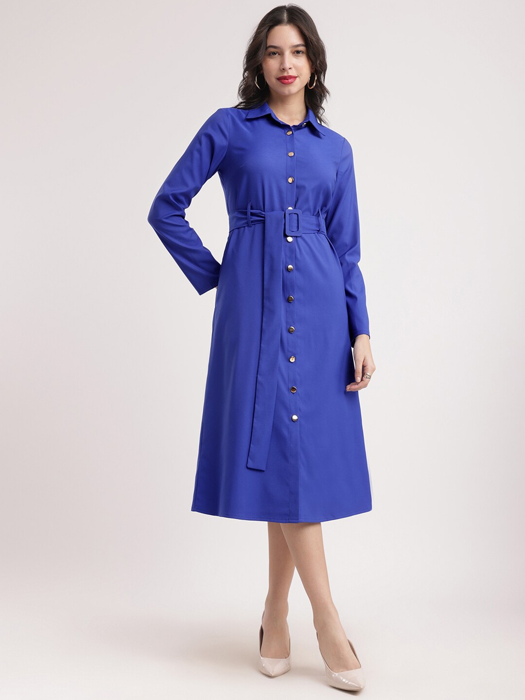 

FableStreet Cuffed Sleeves Belted Shirt Midi Dress, Blue