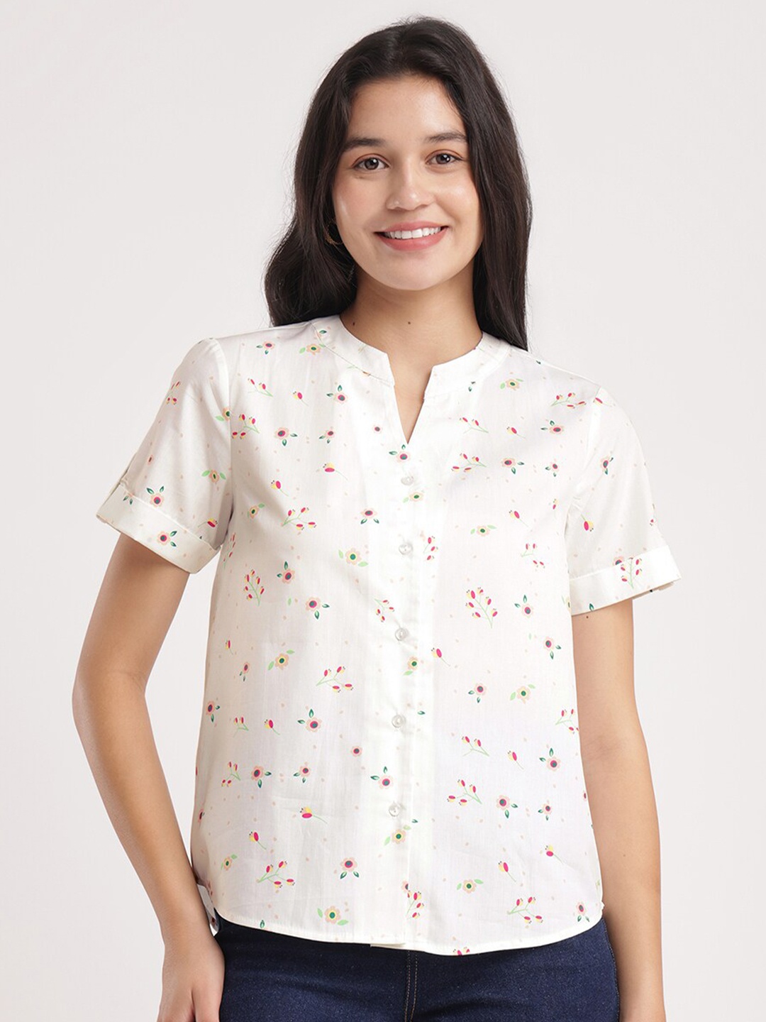 

FableStreet Floral Printed Mandarin Collar Top, White