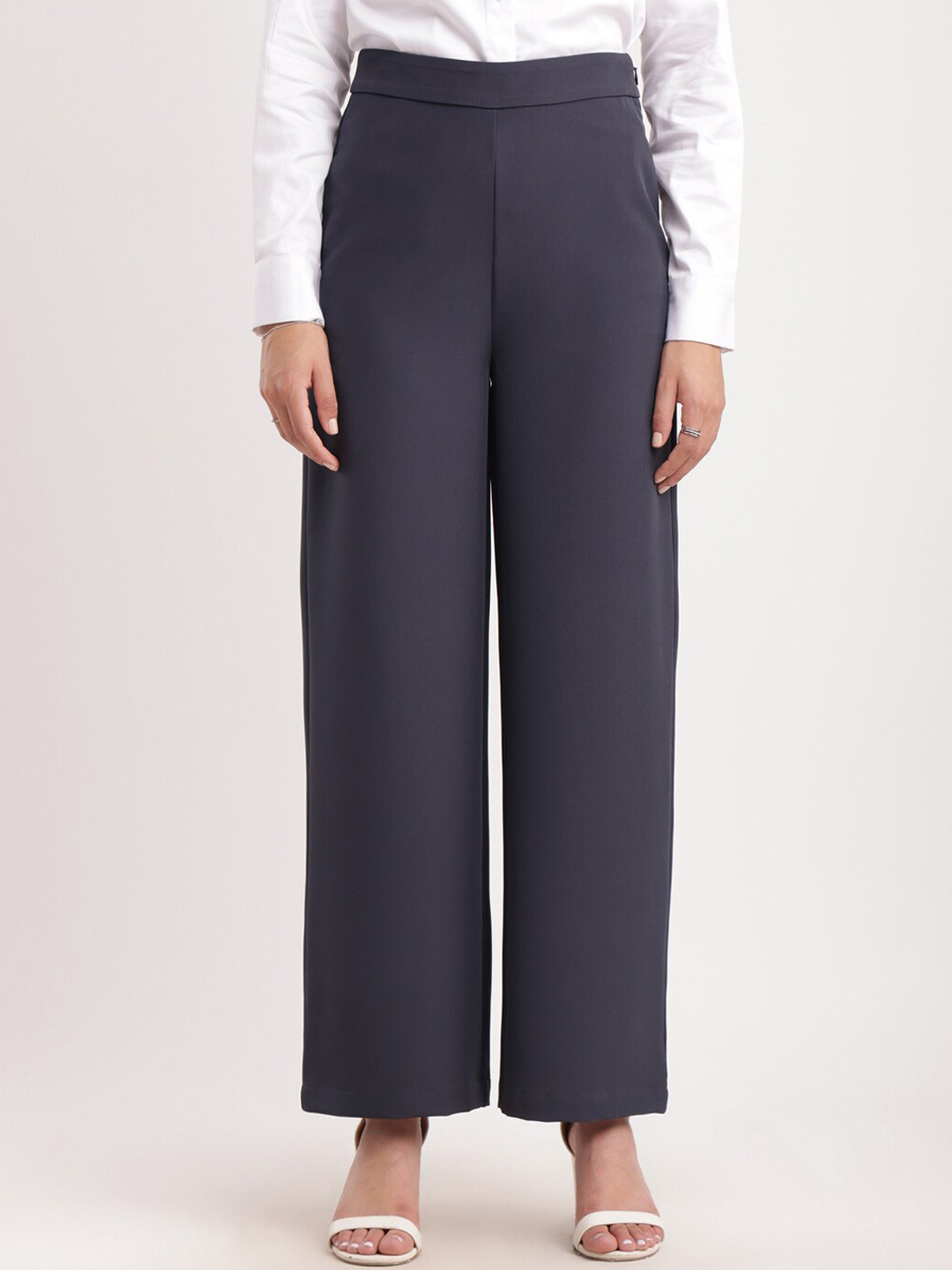 

FableStreet Women Flared High-Rise Trousers, Grey