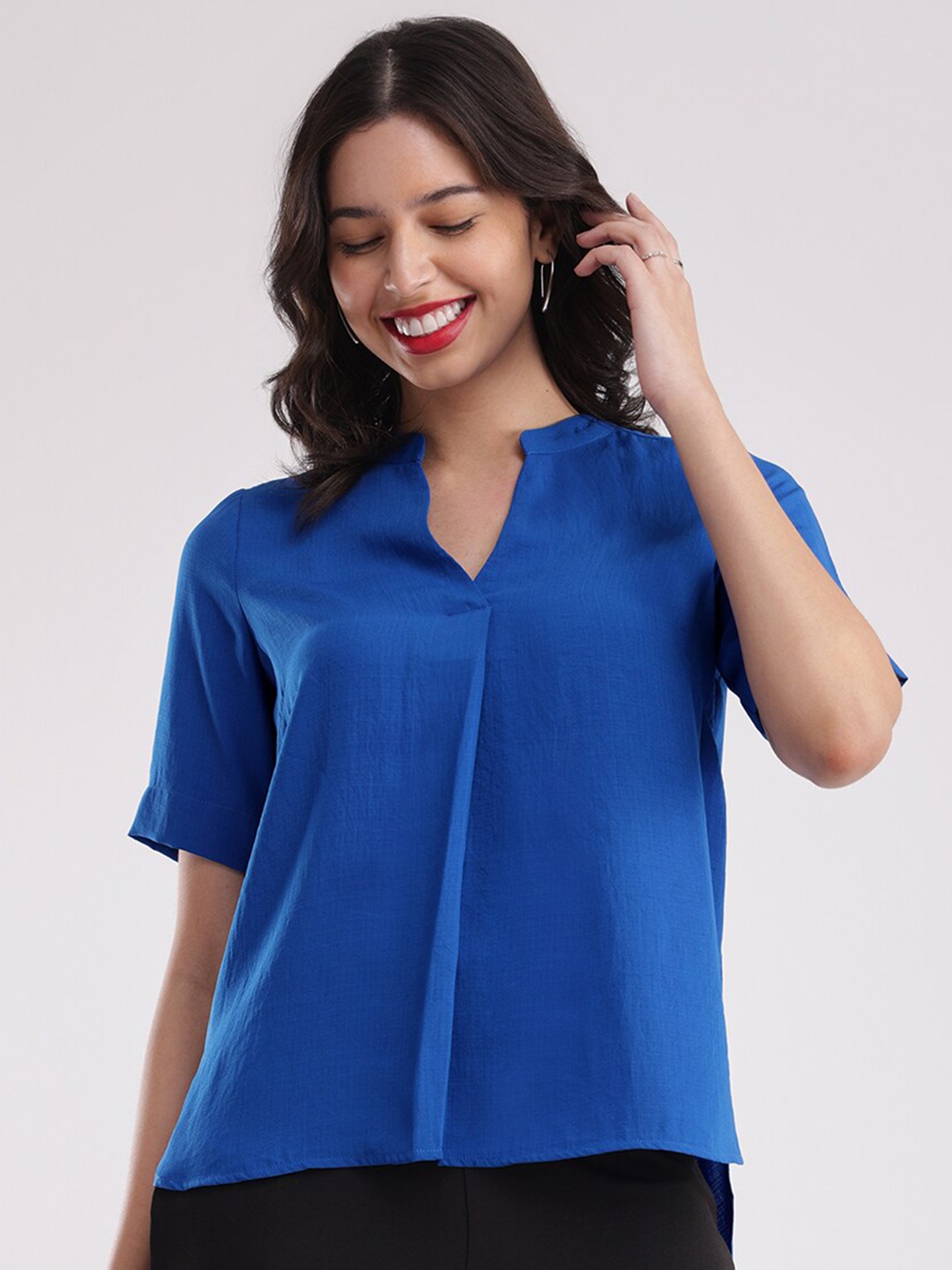 

FableStreet Mandarin Collar Regular Top, Blue