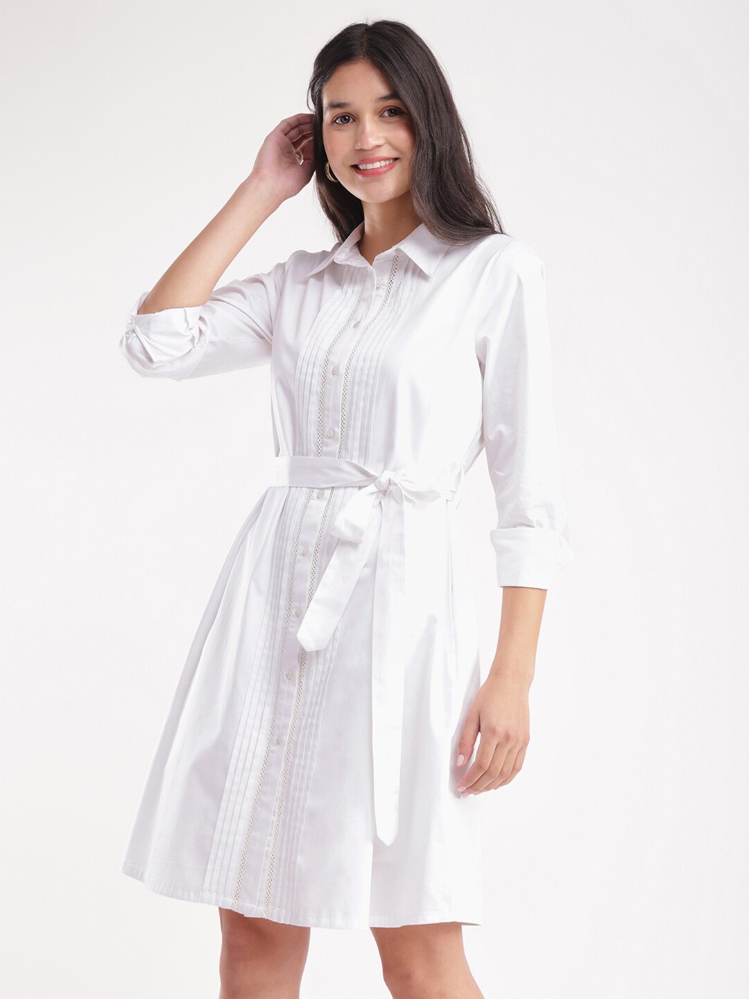 

FableStreet Cotton Shirt Collar Roll-Up Sleeves Opaque Shirt Dress Comes With A Belt, White