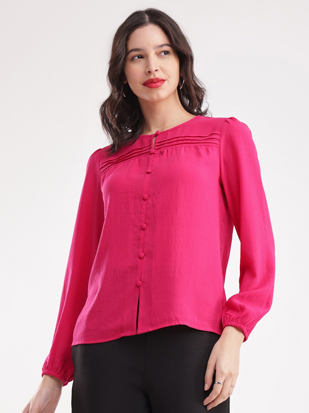 

FableStreet Round Neck Cuffed Sleeves Shirt Style Top, Fuchsia