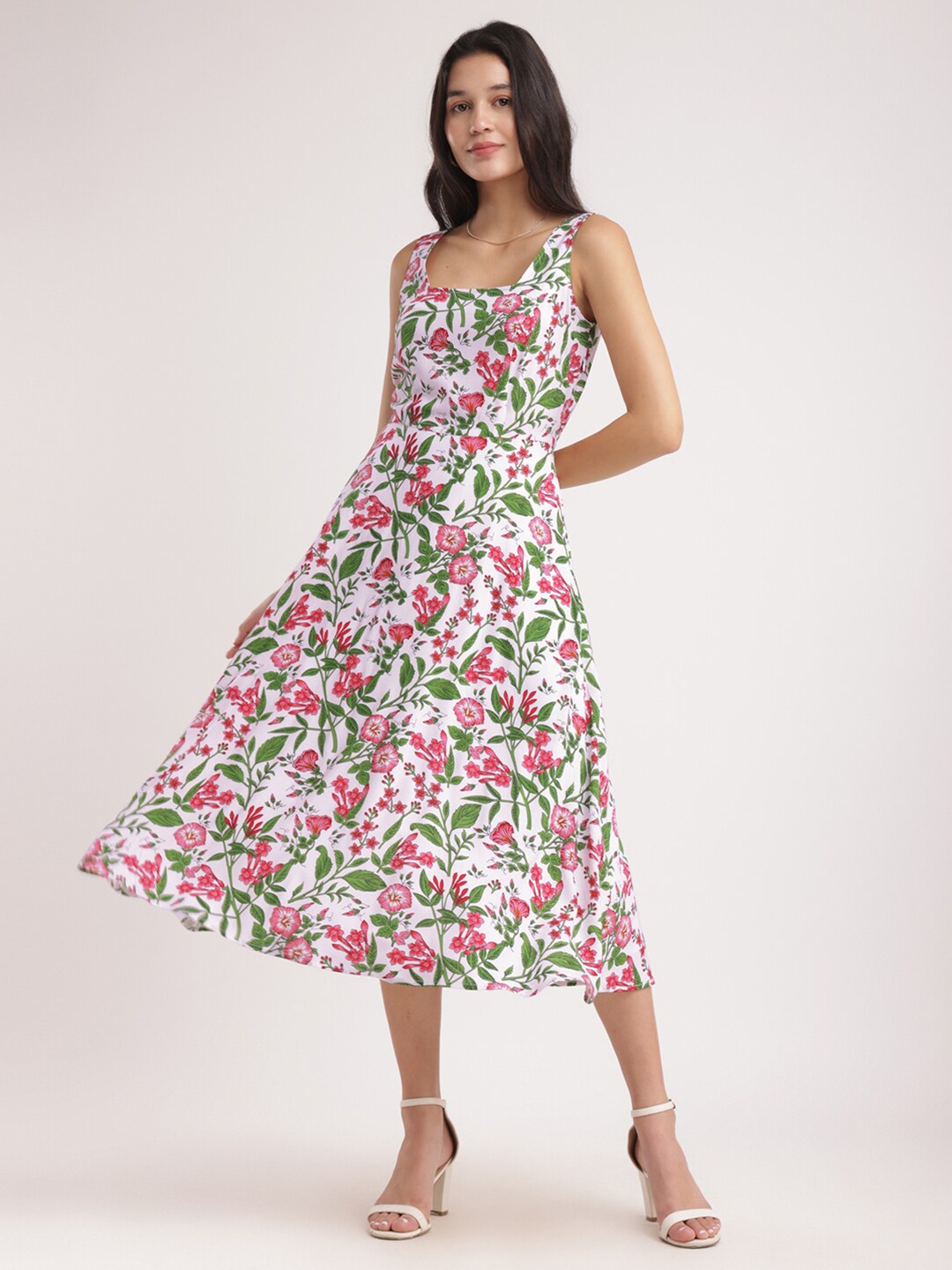 

FableStreet Floral Printed Sleeveless A-Line Midi Dress, White