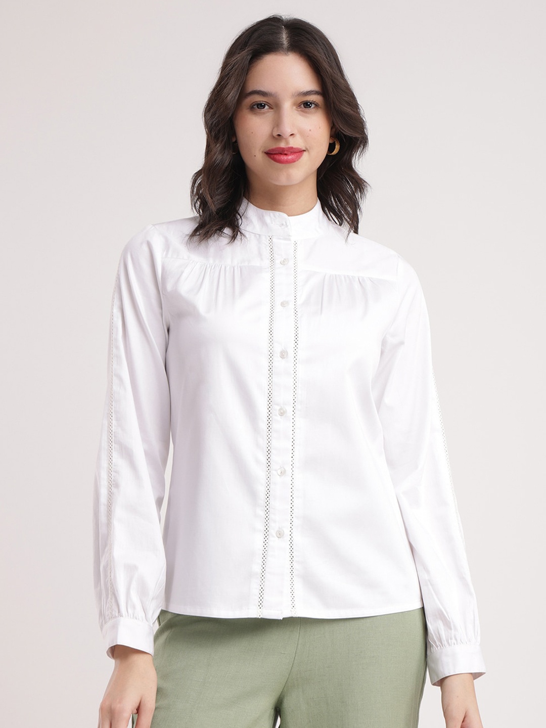 

FableStreet Cotton Satin Mandarin Collar Shirt Style Top, White
