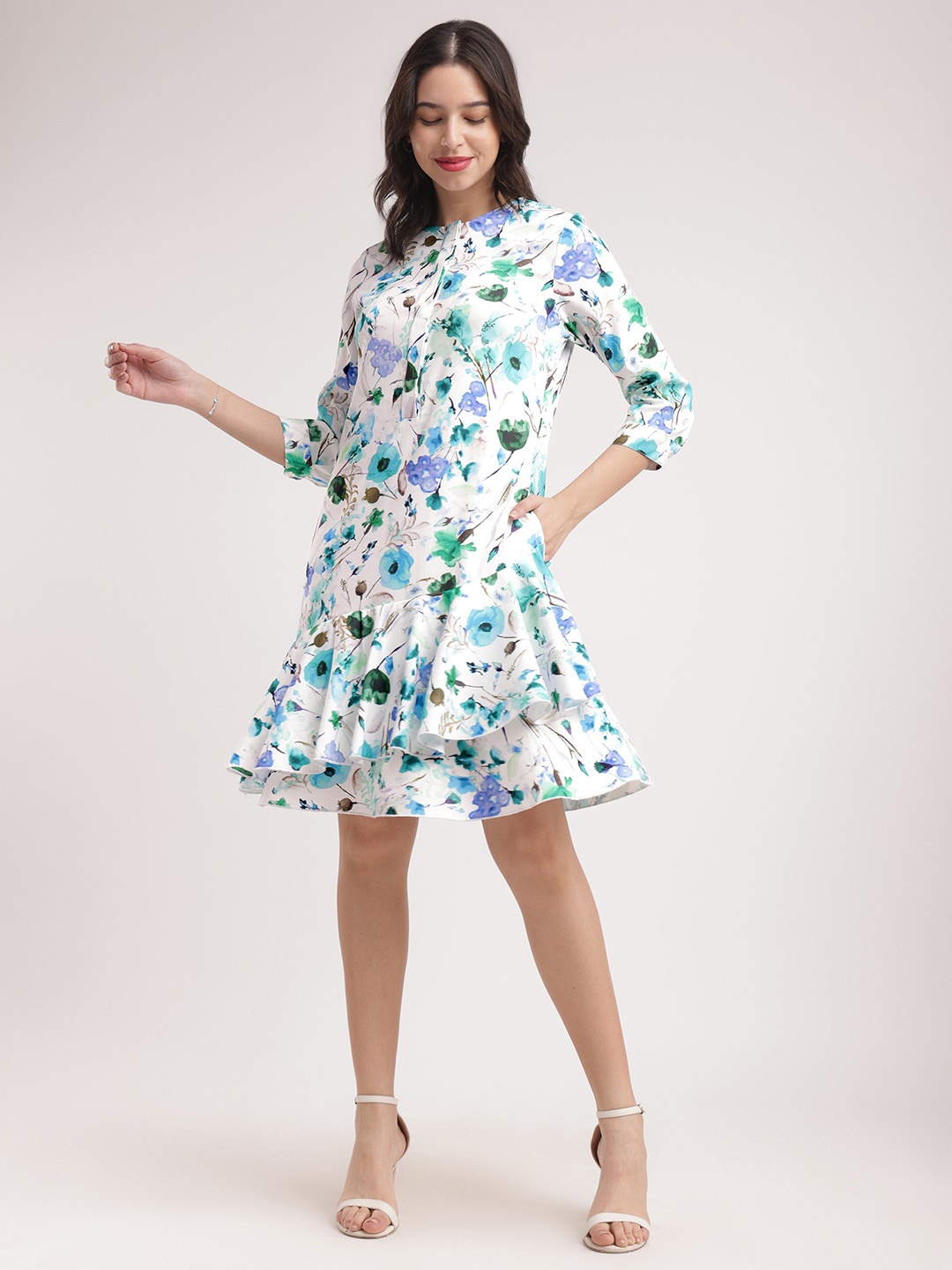 

FableStreet Floral Print Round Neck Three-Quarter Sleeves Opaque A-Line Casual Dress, Blue