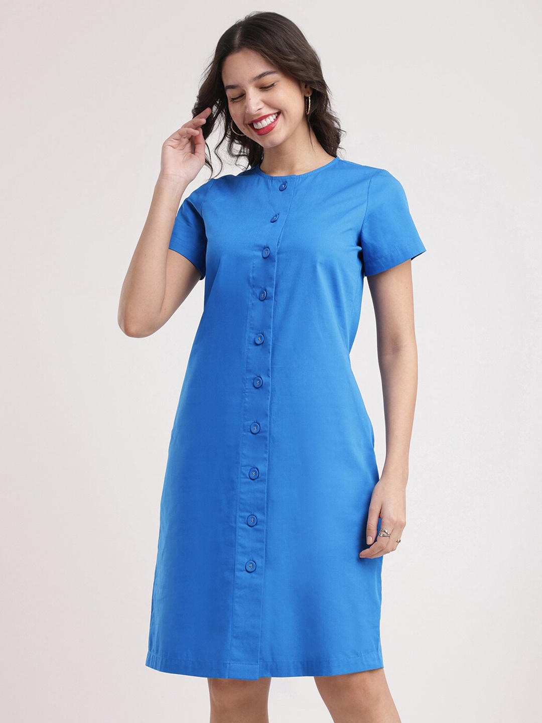 

FableStreet Cotton Round Neck Short Sleeves Opaque Sheath Casual Dress, Blue