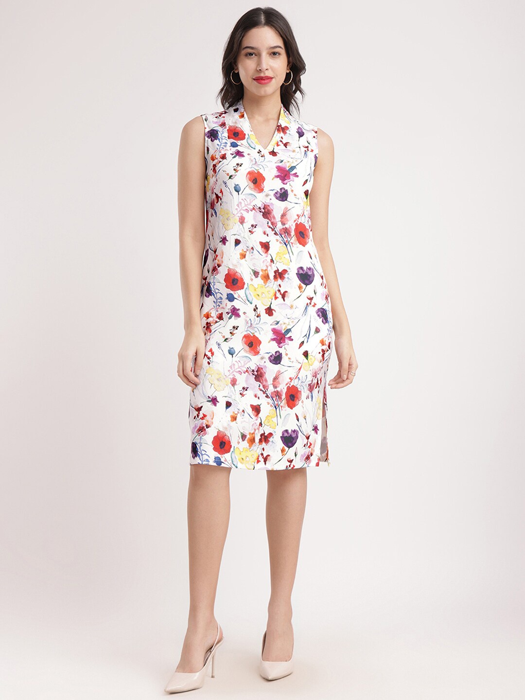 

FableStreet Floral Printed V-Neck A-Line Dress, White