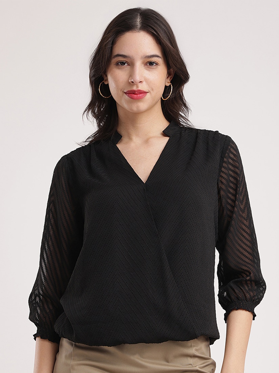 

FableStreet Mandarin Collar Cuffed Sleeves Wrap Top, Black