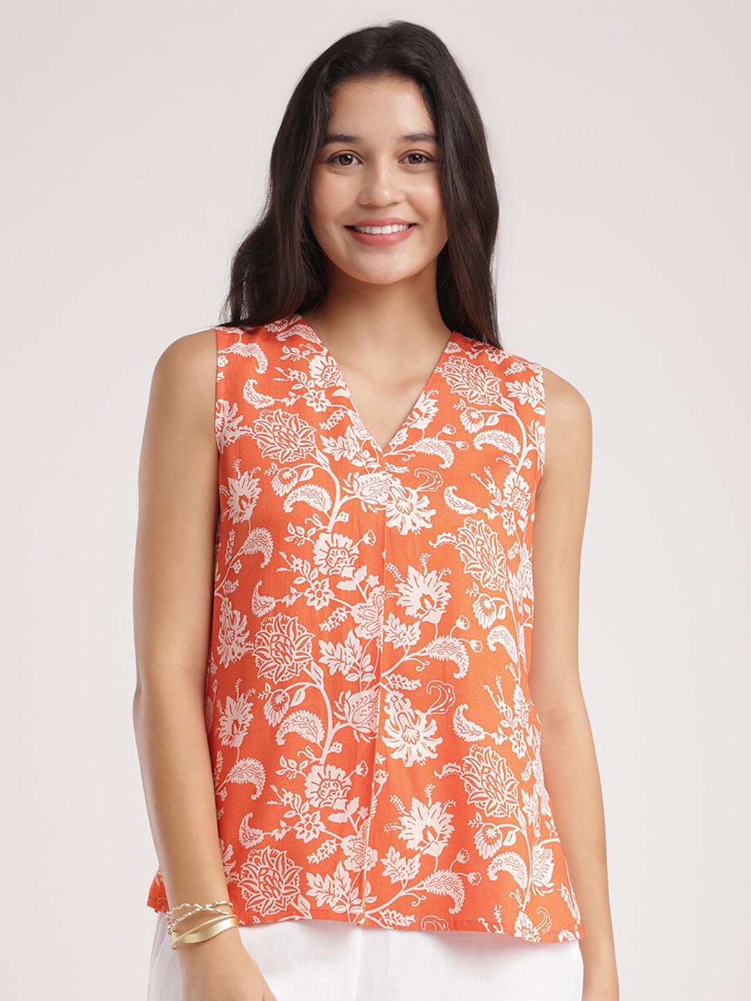 

FableStreet V-Neck Floral Print Regular A-Line Top, Orange
