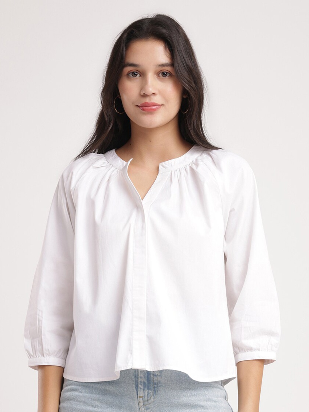 

FableStreet Mandarin Collar Cuffed Sleeves Pure Cotton Top, White