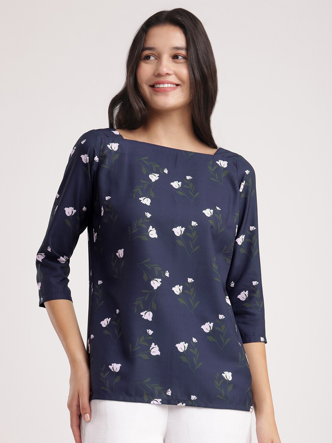 

FableStreet Floral Printed Square Neck Top, Navy blue