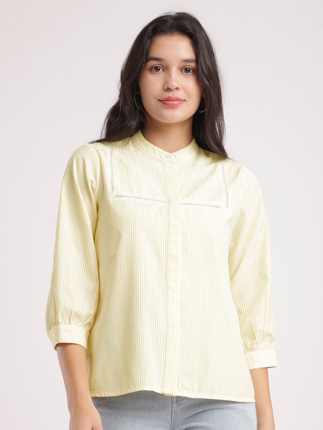 

FableStreet Striped Mandarin Collar Cuffed Sleeves Shirt Style Top, Yellow