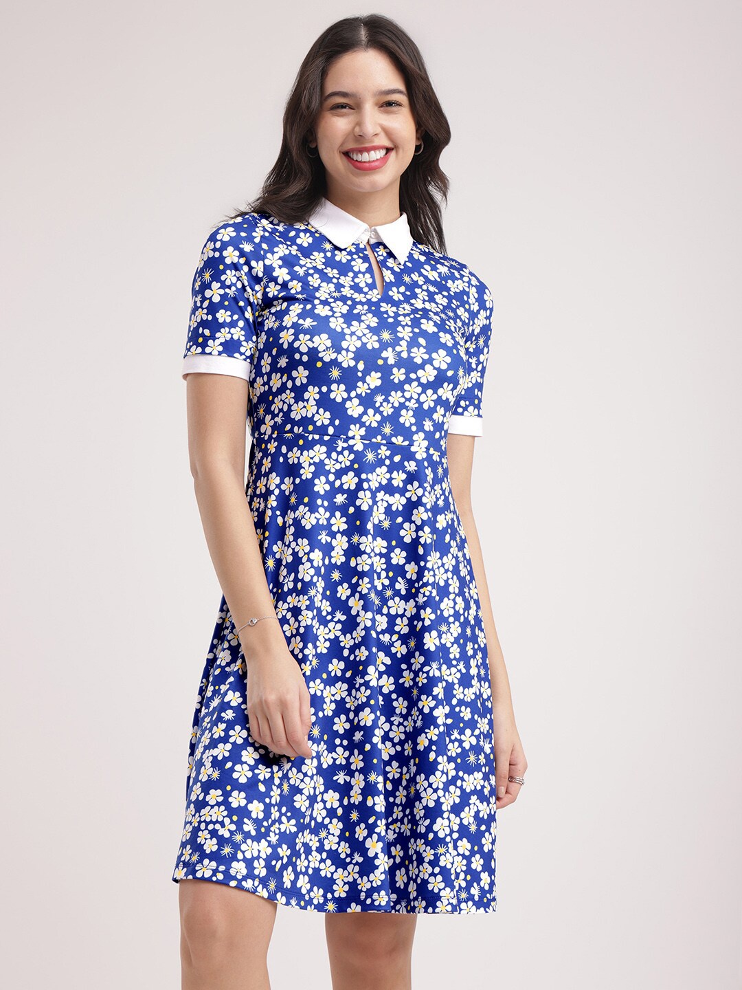 

FableStreet Floral Print Shirt Collar Short Sleeves Opaque Shirt Casual Dress, Blue