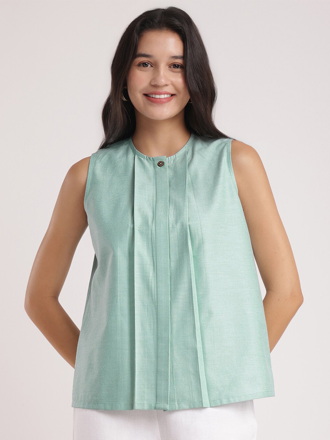 

FableStreet Round Neck Sleeveless Cotton Top, Green
