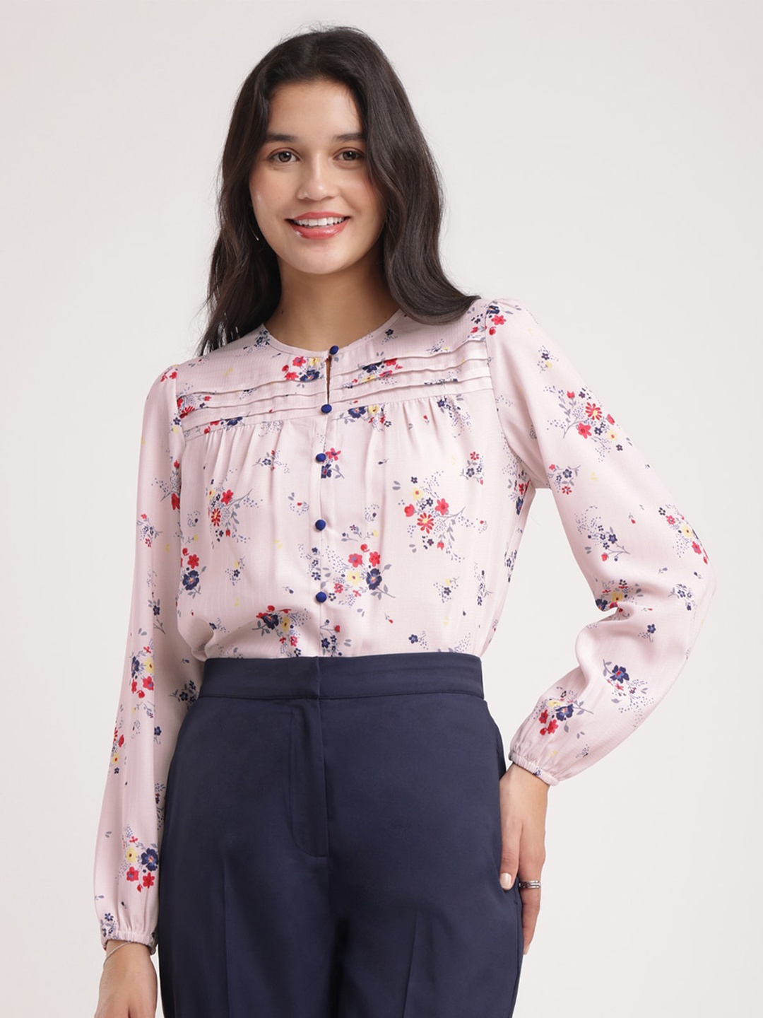 

FableStreet Floral Printed Bishop Sleeves Shirt Style Top, Pink