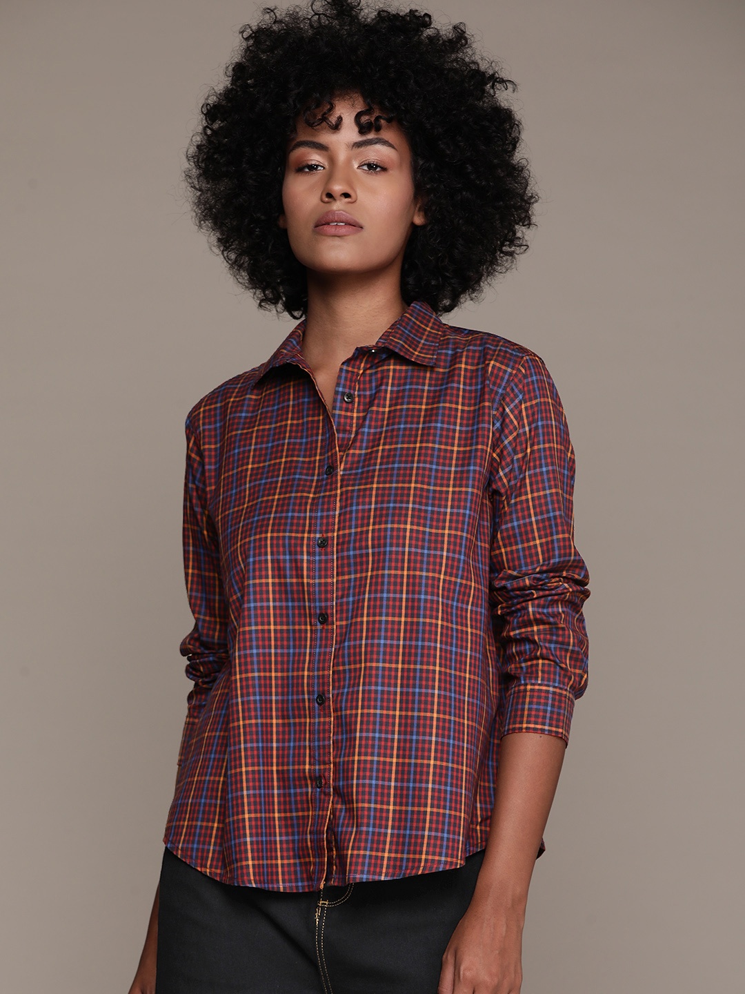 

Roadster Pure Cotton Checked Casual Shirt, Maroon