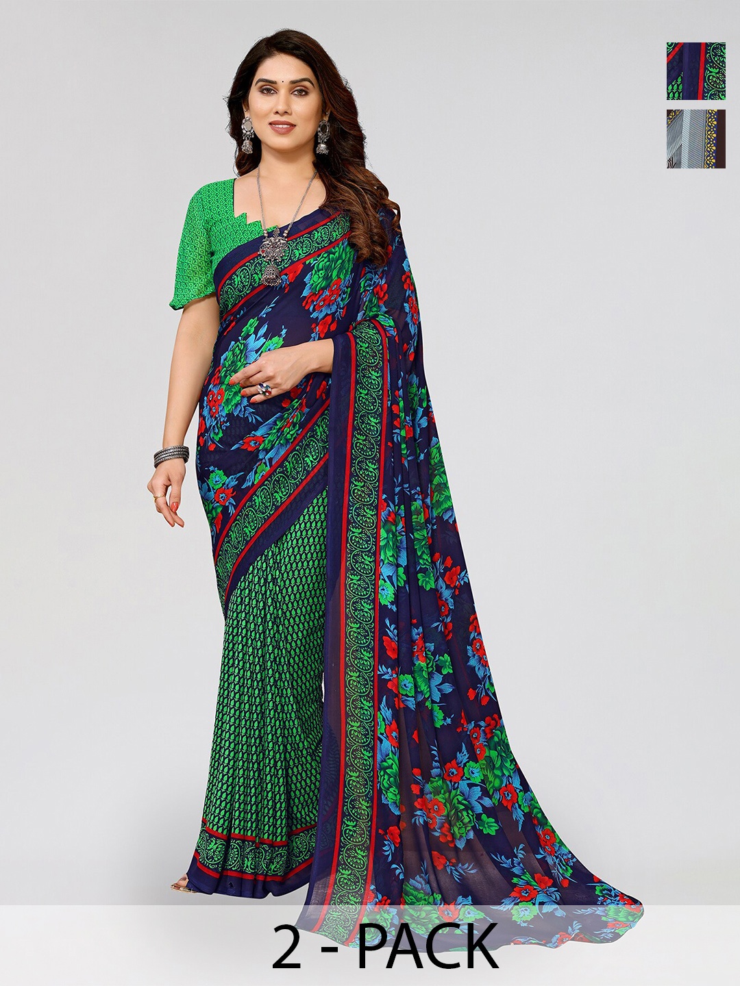 

ANAND SAREES Selection Of 2 Printed Saree, Green