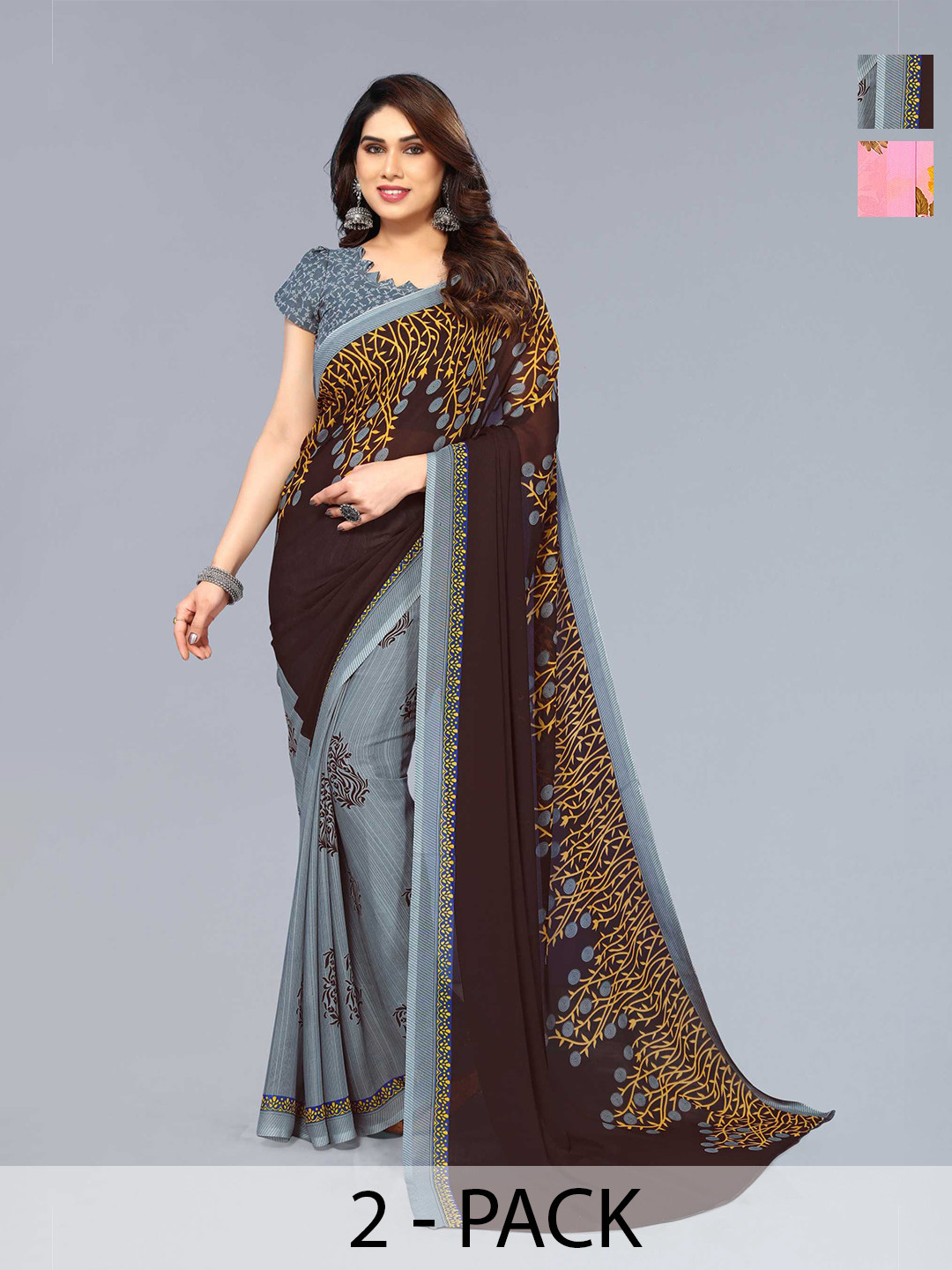 

ANAND SAREES Selection Of 2 Floral Printed Sarees, Pink