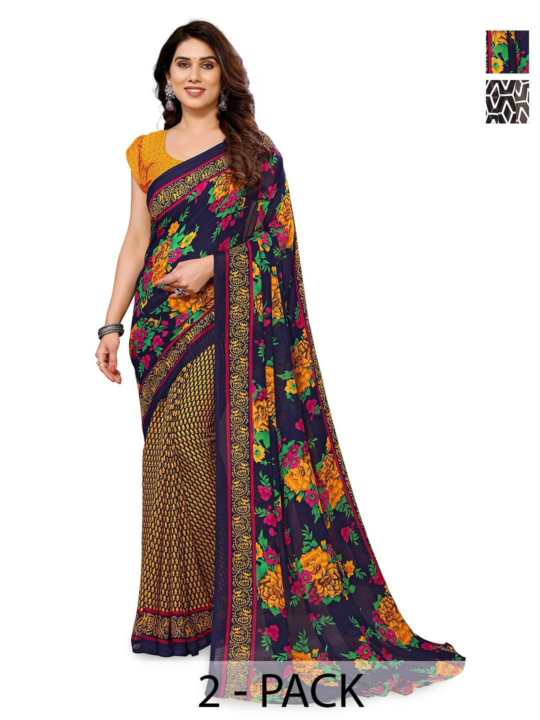 

ANAND SAREES Selection of 2 Floral Printed Sarees, Navy blue