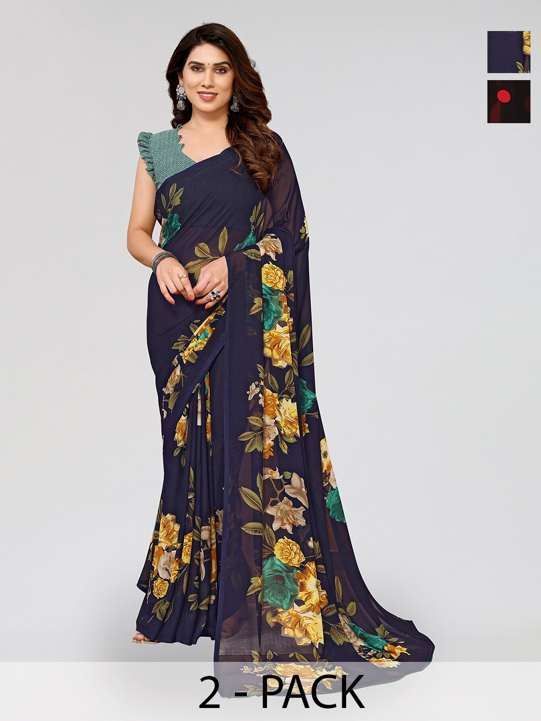 

ANAND SAREES Selection Of 2 Floral Printed Sarees, Black