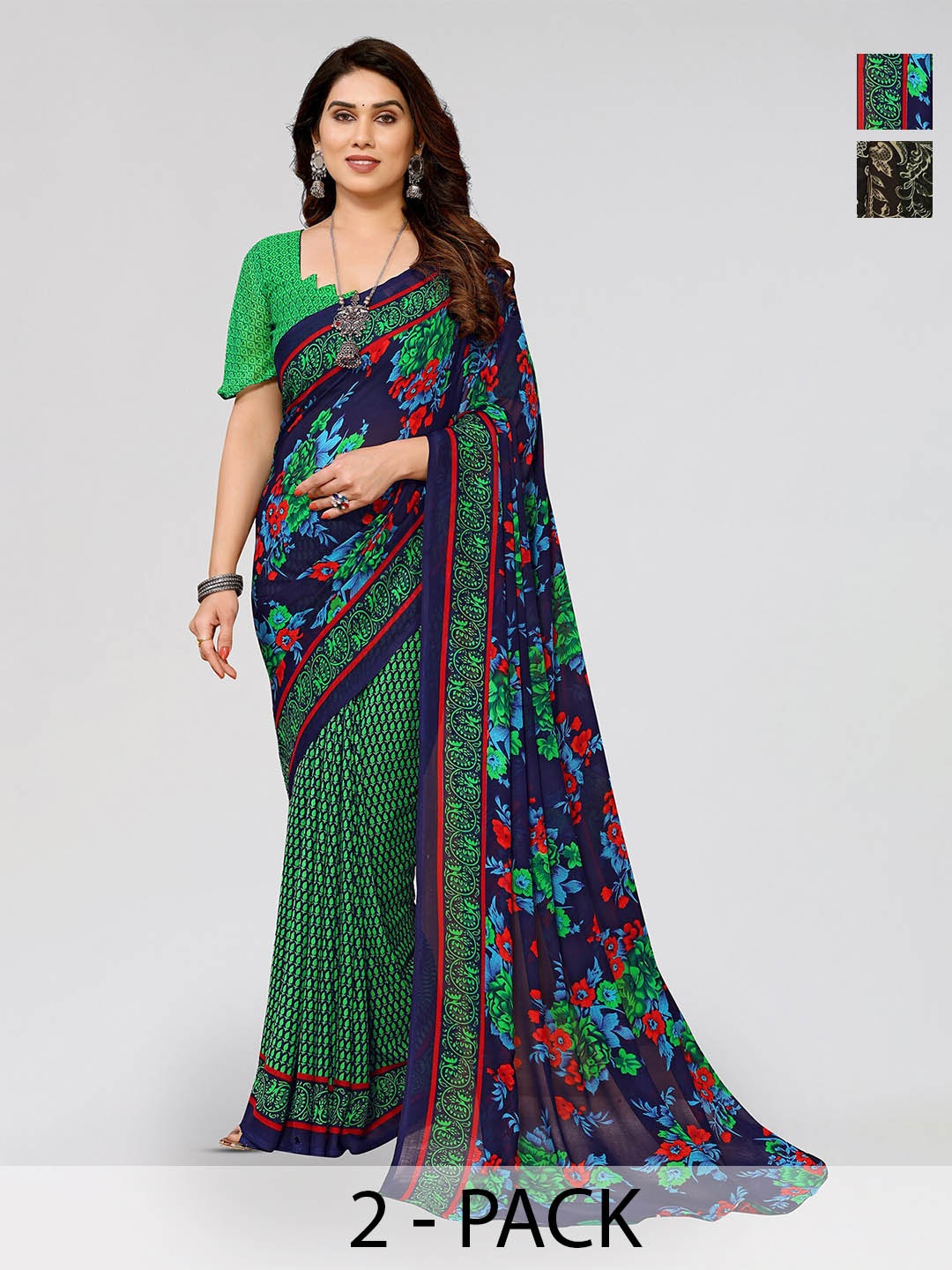 

ANAND SAREES Selection of 2 Floral Saree, Green